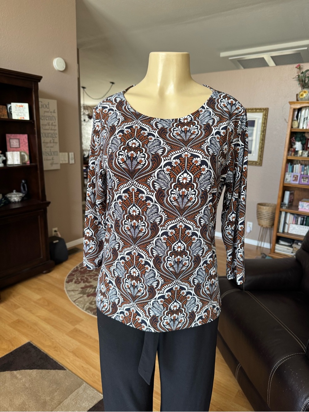 The Limited brown, black & white floral print 3/4 sleeves knit blouse-L - Picture 1 of 10